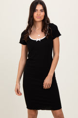 Black Ribbed Knit Short Sleeve Dress