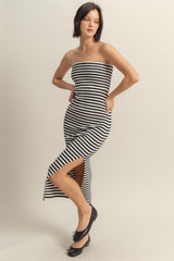 Black/White Striped Strapless Fitted Maxi Dress