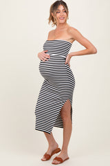 Black/White Striped Strapless Fitted Maternity Maxi Dress