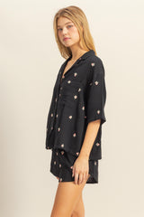 Black Floral Embroidered Top And Shorts Set