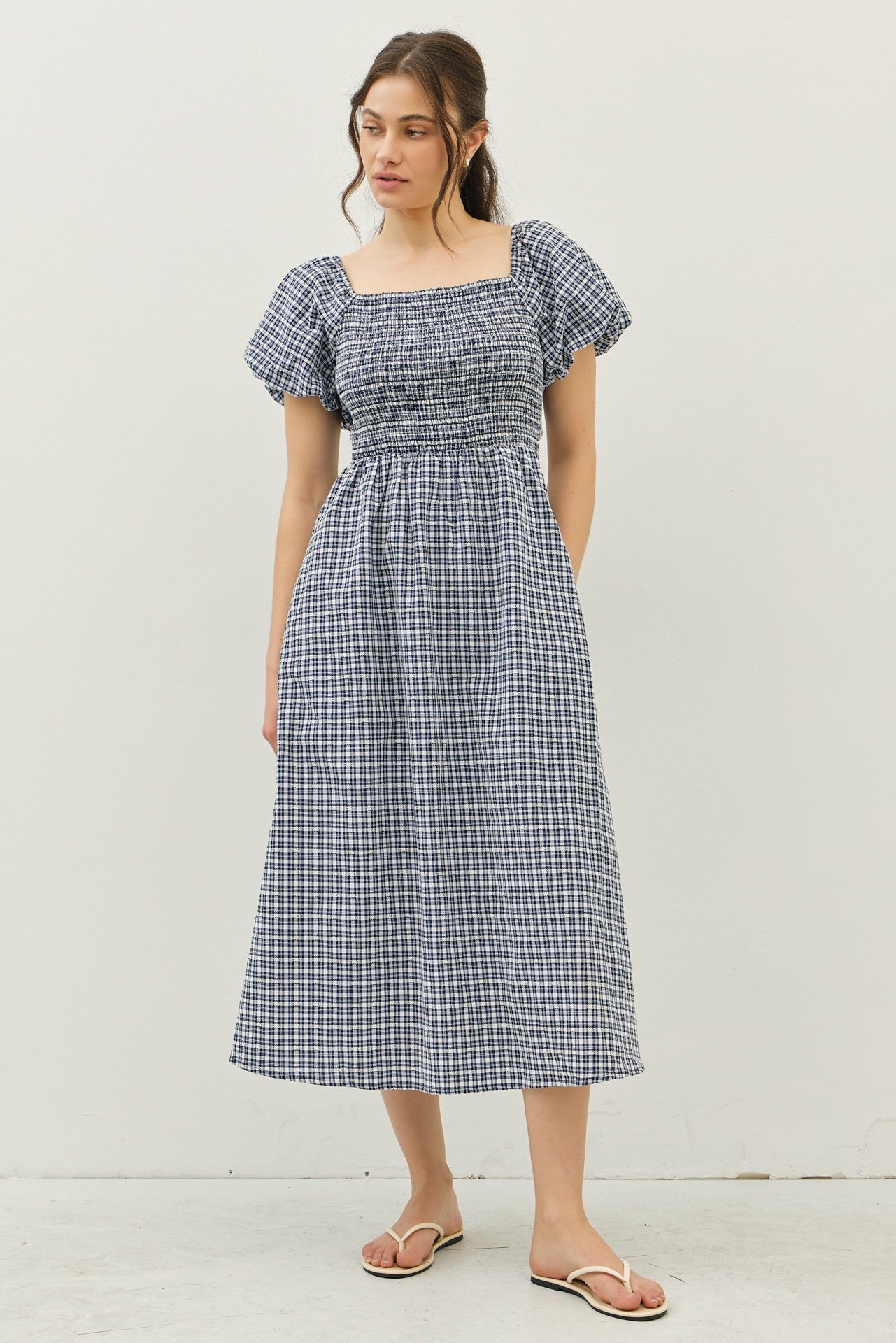 Navy Textured Plaid Pen Back Maternity Midi Dress