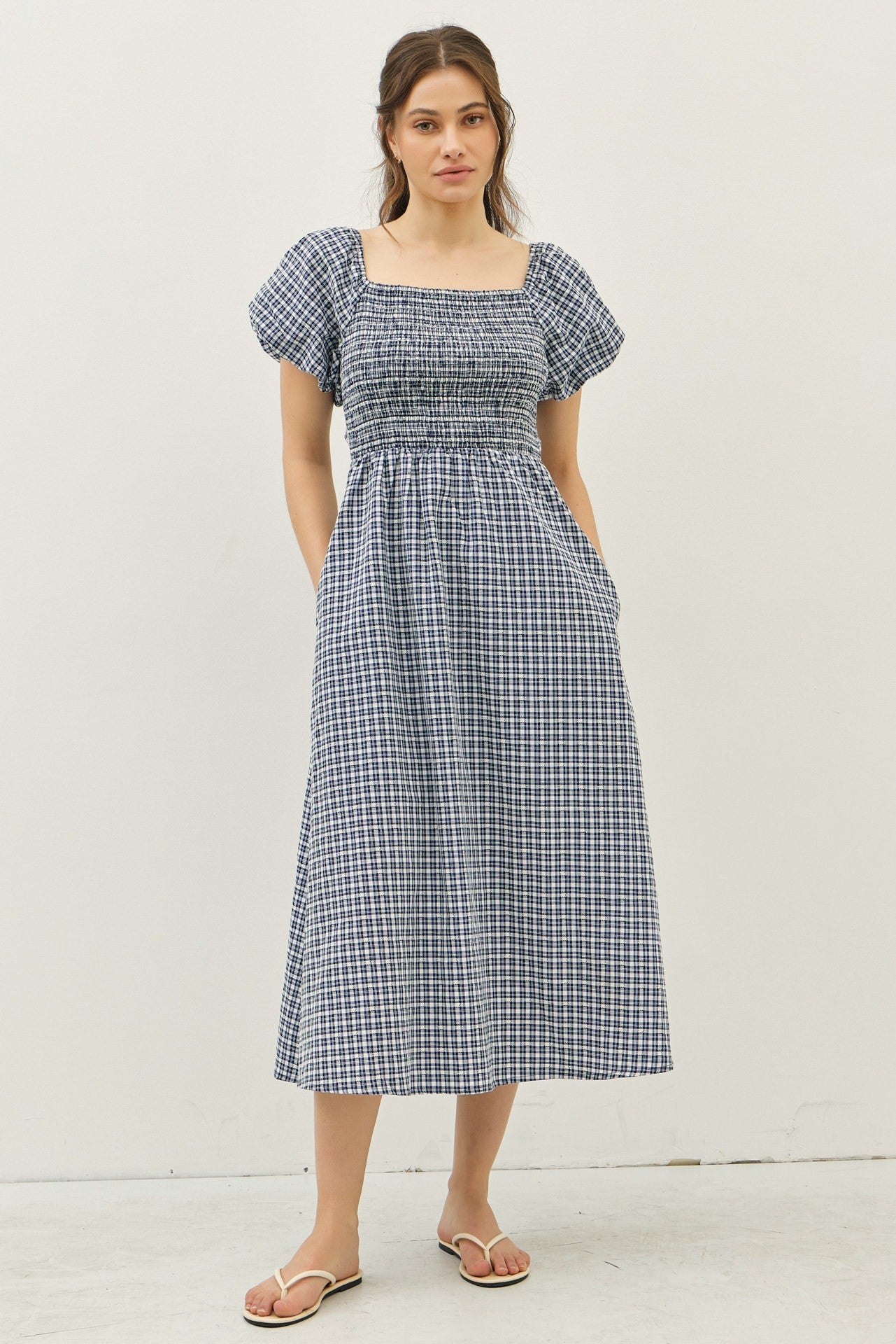 Navy Textured Plaid Pen Back Midi Dress