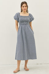 Navy Textured Plaid Pen Back Midi Dress