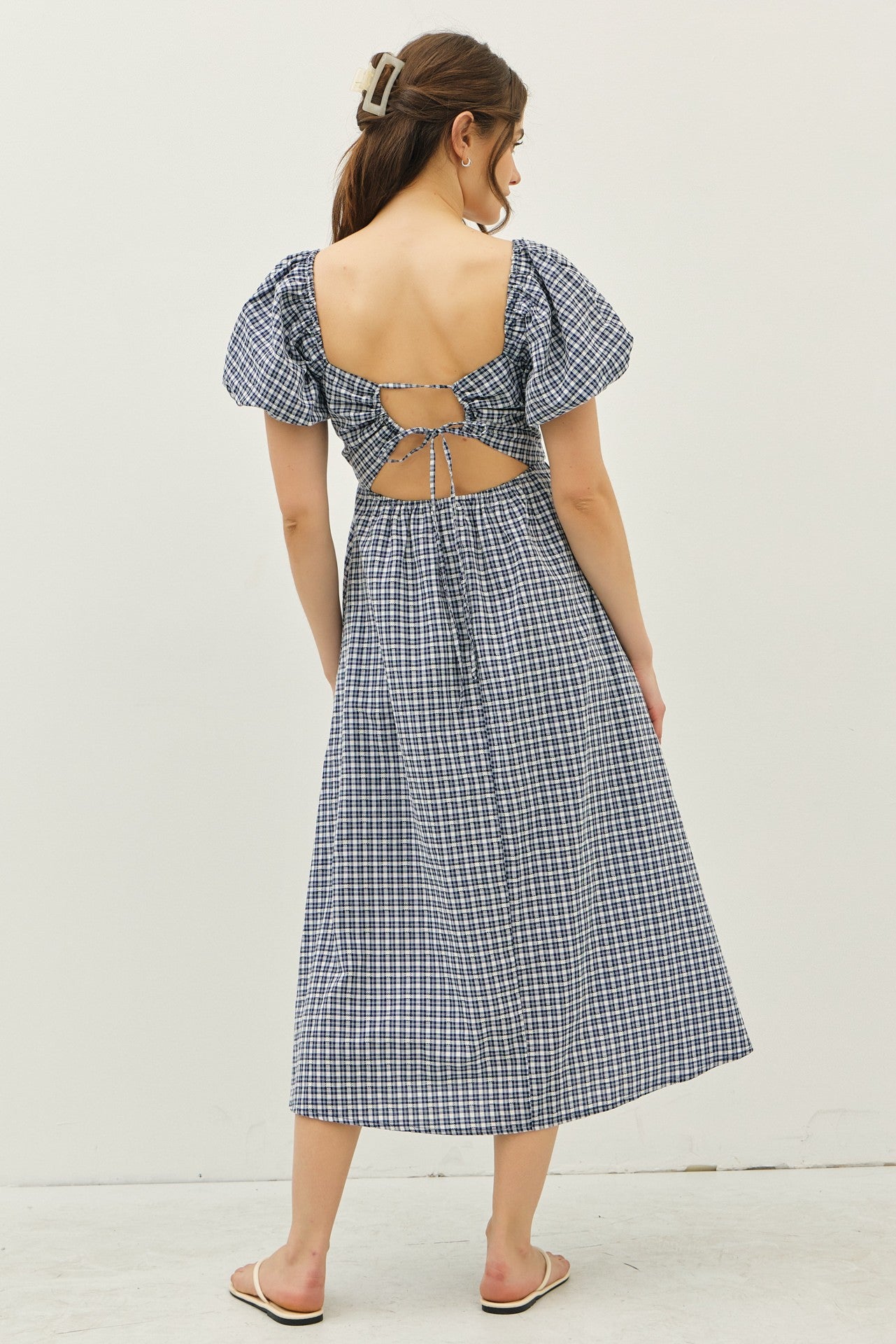 Navy Textured Plaid Pen Back Midi Dress