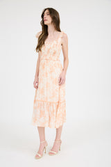 Peach Floral Smocked Shoulder Tie Midi Dress