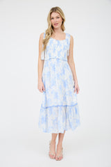Light Blue Floral Smocked Shoulder Tie Maternity Midi Dress