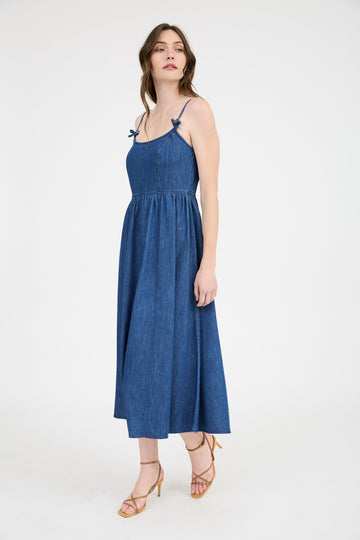 Navy Denim Sleeveless Bow Detail Midi Dress