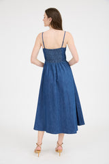 Navy Denim Sleeveless Bow Detail Midi Dress