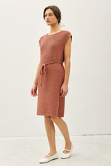 Light Rust Waffle Knit Sash Tie Short Sleeve Dress