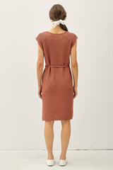 Light Rust Waffle Knit Sash Tie Short Sleeve Dress
