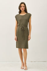 Olive Waffle Knit Sash Tie Short Sleeve Dress