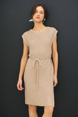 Beige Waffle Knit Sash Tie Short Sleeve Dress
