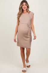 Beige Waffle Knit Sash Tie Short Sleeve Maternity Dress