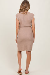 Beige Waffle Knit Sash Tie Short Sleeve Maternity Dress