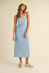 Light Blue Contrast Trim Terry Knit Sleeveless Dress