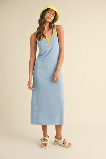 Light Blue Contrast Trim Terry Knit Sleeveless Dress