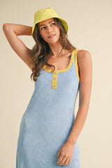 Light Blue Contrast Trim Terry Knit Sleeveless Dress