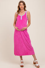Fuchsia Contrast Trim Terry Knit Sleeveless Maternity Dress