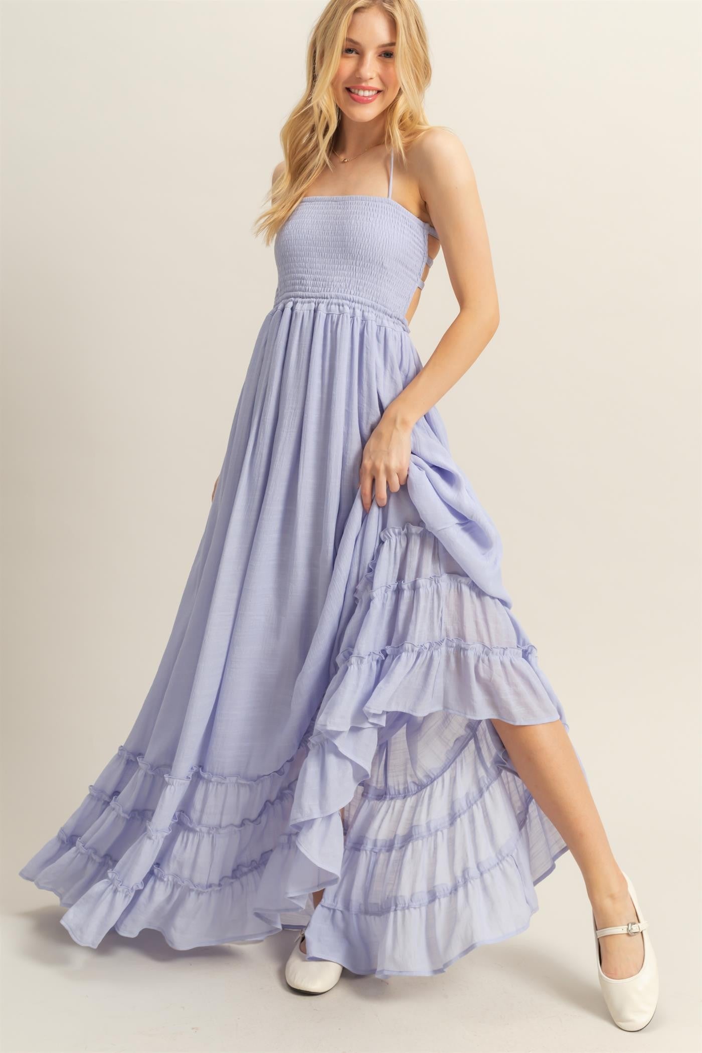 Lavender Halter Neck Smocked Tiered Hem Maxi Dress
