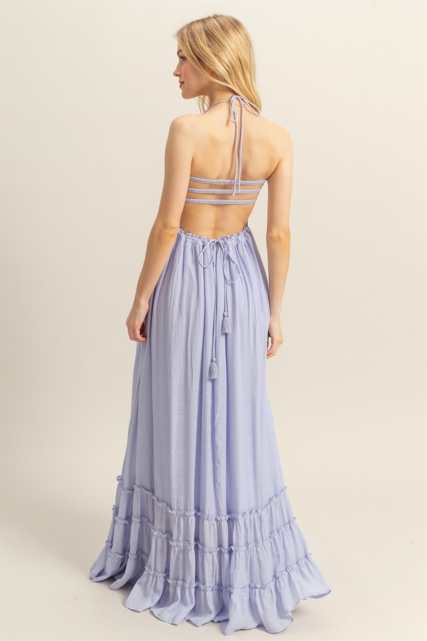Lavender Halter Neck Smocked Tiered Hem Maxi Dress