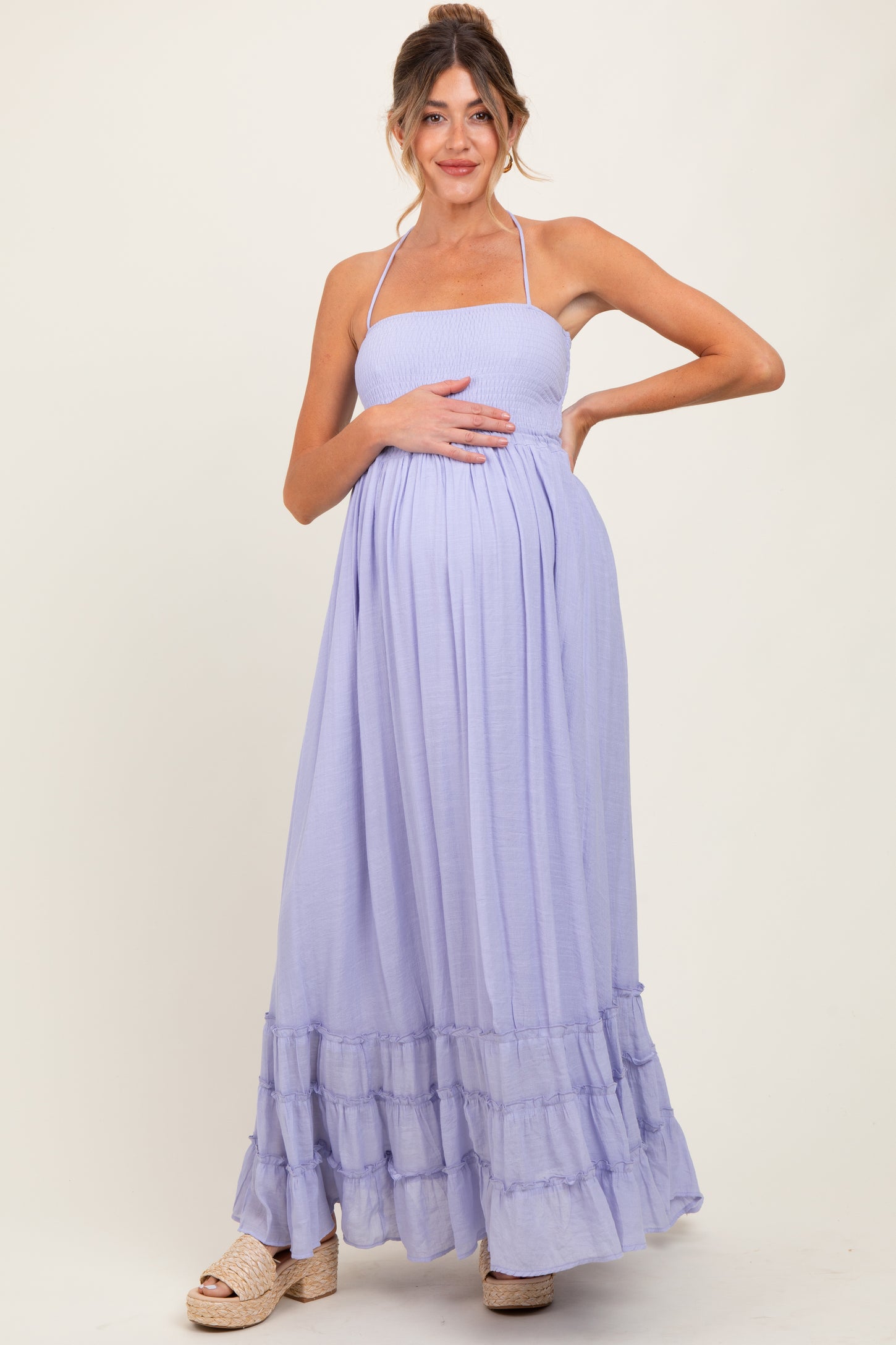 Lavender Halter Neck Smocked Tiered Hem Maternity Maxi Dress