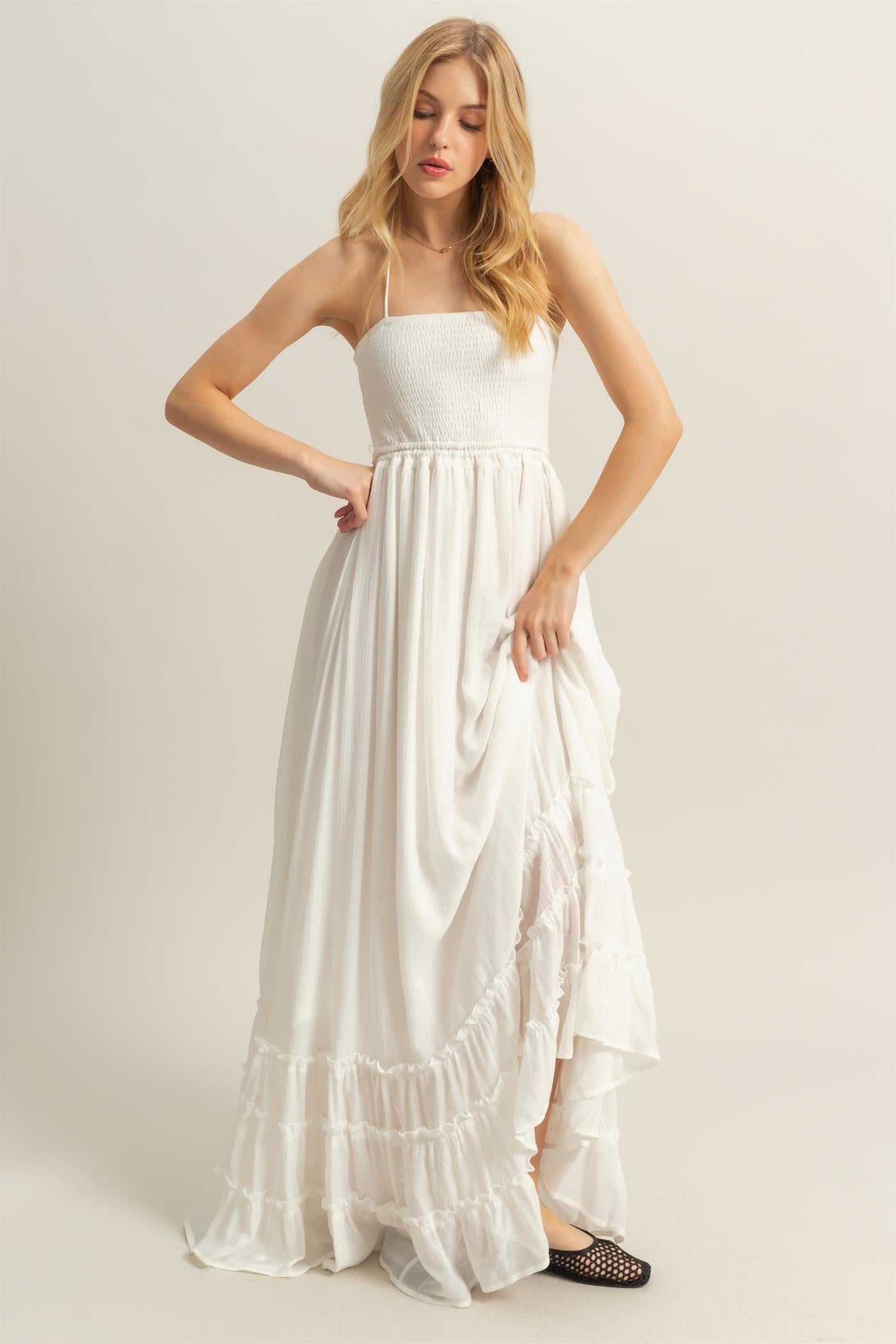 White Halter Neck Smocked Tiered Hem Maxi Dress