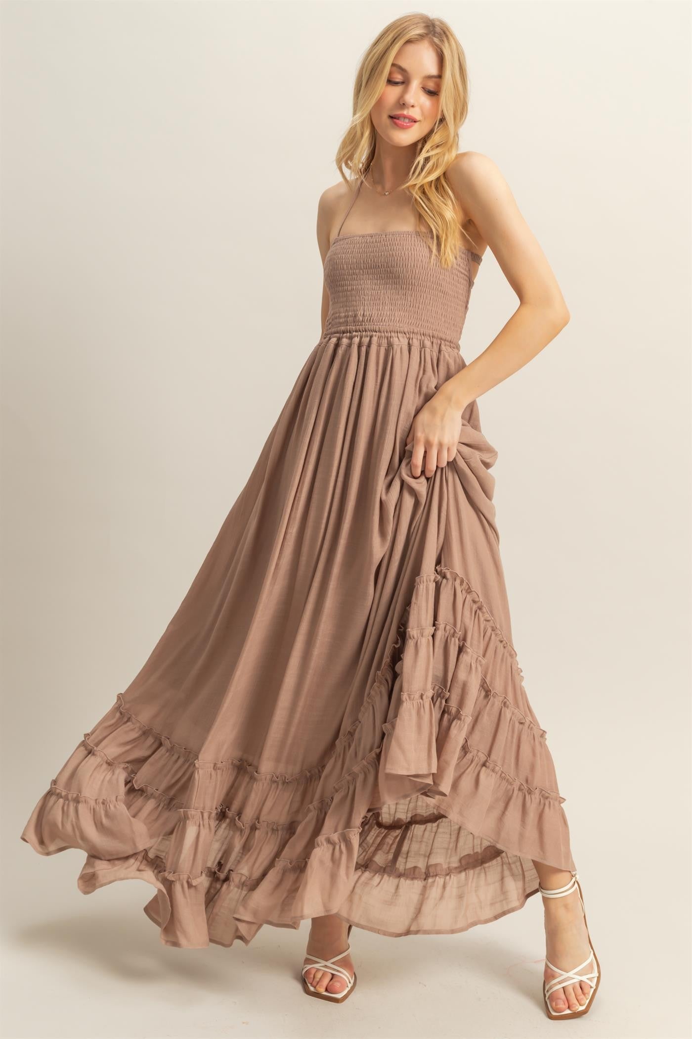 Taupe Halter Neck Smocked Tiered Hem Maternity Maxi Dress