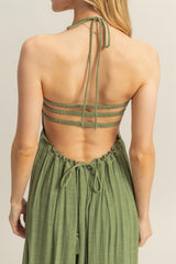 Light Olive Halter Neck Smocked Tiered Hem Maxi Dress