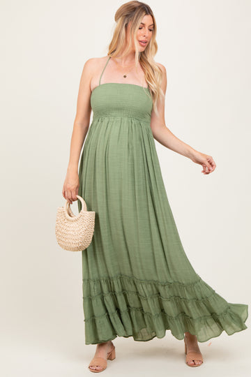 Light Olive Halter Neck Smocked Tiered Hem Maternity Maxi Dress