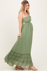 Light Olive Halter Neck Smocked Tiered Hem Maternity Maxi Dress