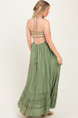 Light Olive Halter Neck Smocked Tiered Hem Maternity Maxi Dress