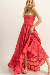 Coral Halter Neck Smocked Tiered Hem Maternity Maxi Dress