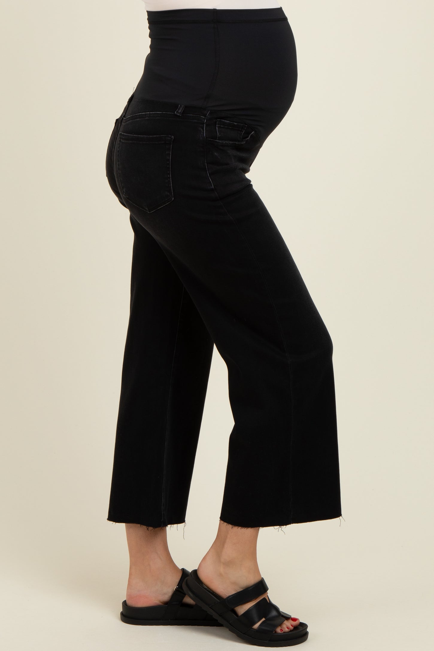 Black Raw Hem Cropped Wide Leg Maternity Jeans