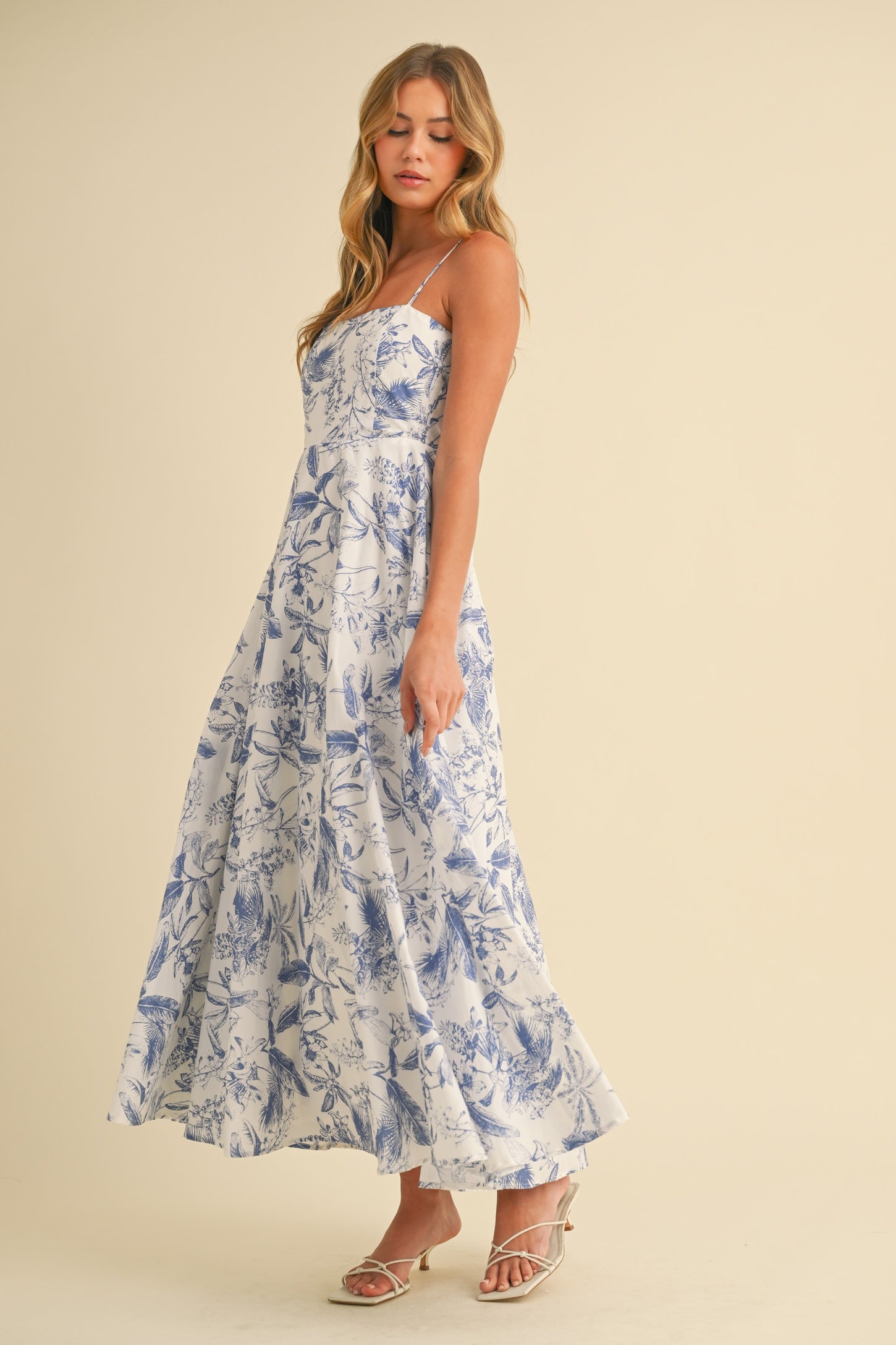 Blue Spaghetti Strap Printed A-Line Midi Dress