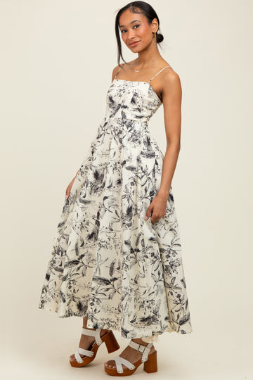 Cream Spaghetti Strap Printed A-Line Midi Dress