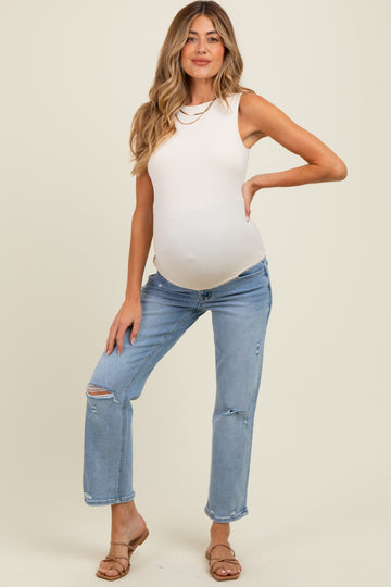 Light Blue Distressed Open Knee Ankle Straight Leg Jeans