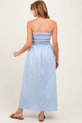 Light Blue Embroidered Strapless Smocked Bodice Flared Maternity Midi Dress