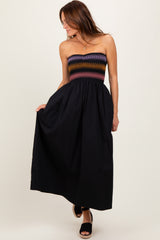 Black Embroidered Strapless Smocked Bodice Flared Maternity Midi Dress