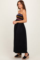 Black Embroidered Strapless Smocked Bodice Flared Midi Dress