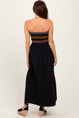 Black Embroidered Strapless Smocked Bodice Flared Midi Dress