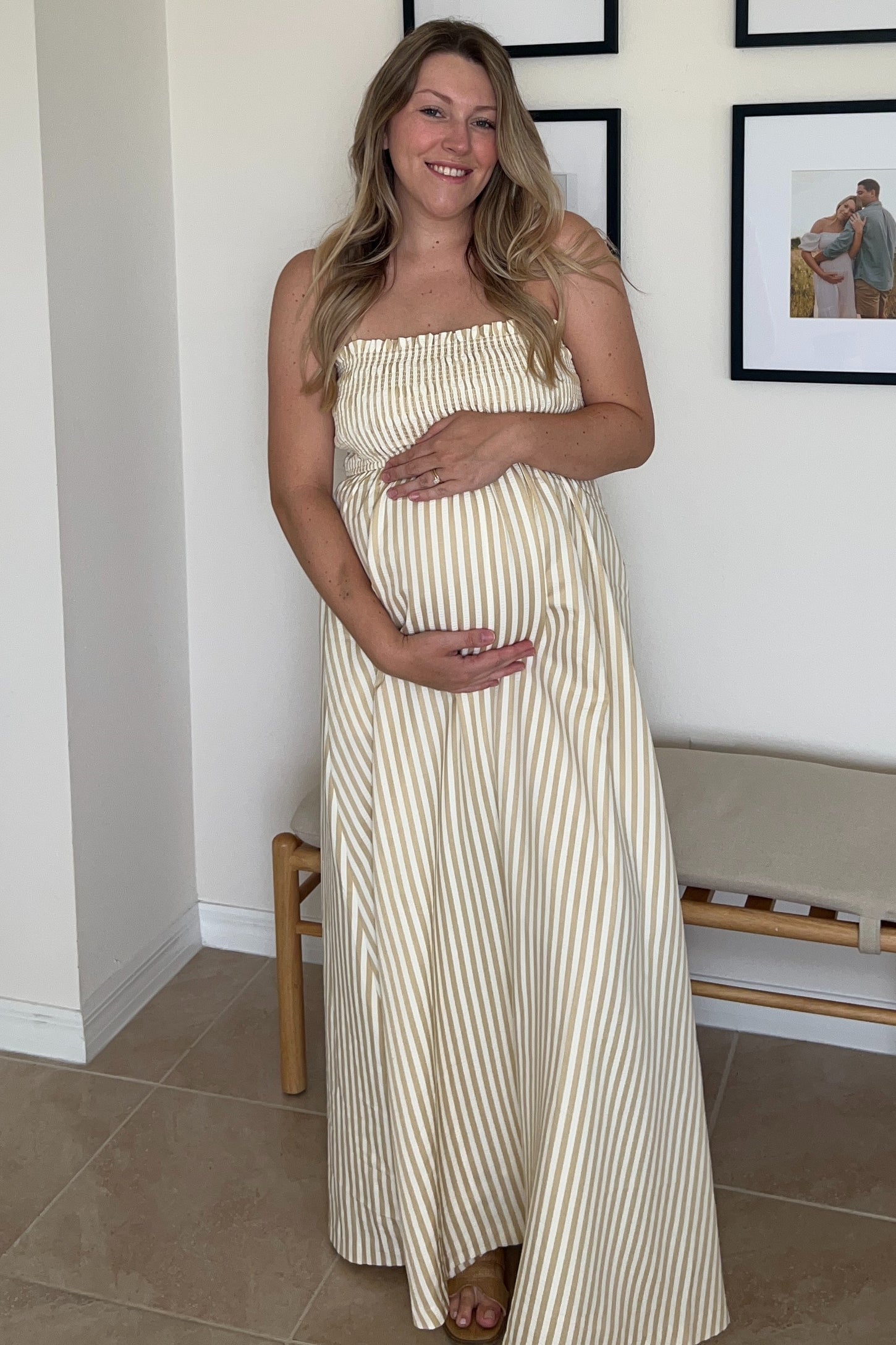 Beige Striped Sleeveless Smocked Poplin Maternity Maxi Dress