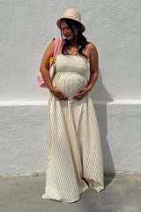 Beige Striped Sleeveless Smocked Poplin Maternity Maxi Dress