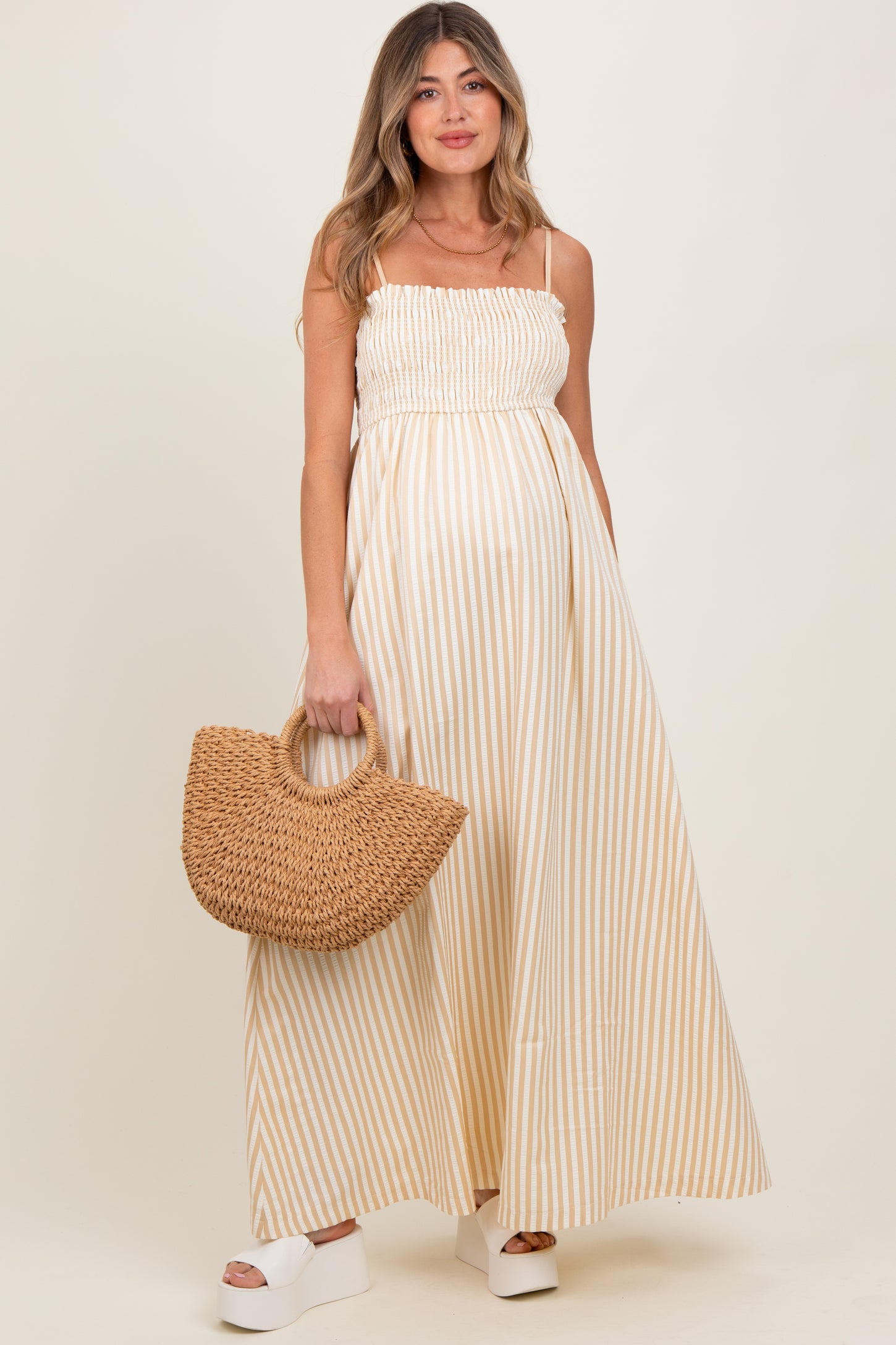 Beige Striped Sleeveless Smocked Poplin Maternity Maxi Dress