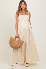 Beige Striped Sleeveless Smocked Poplin Maternity Maxi Dress