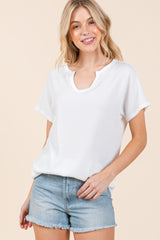White Ribbed Notched Neckline Top