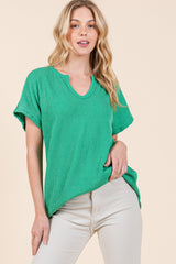 Green Ribbed Notched Neckline Top