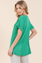 Green Ribbed Notched Neckline Top