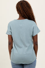 Mint Green Ribbed Notched Neckline Top