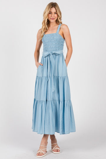 Light Blue Smocked Tiered Midi Dress