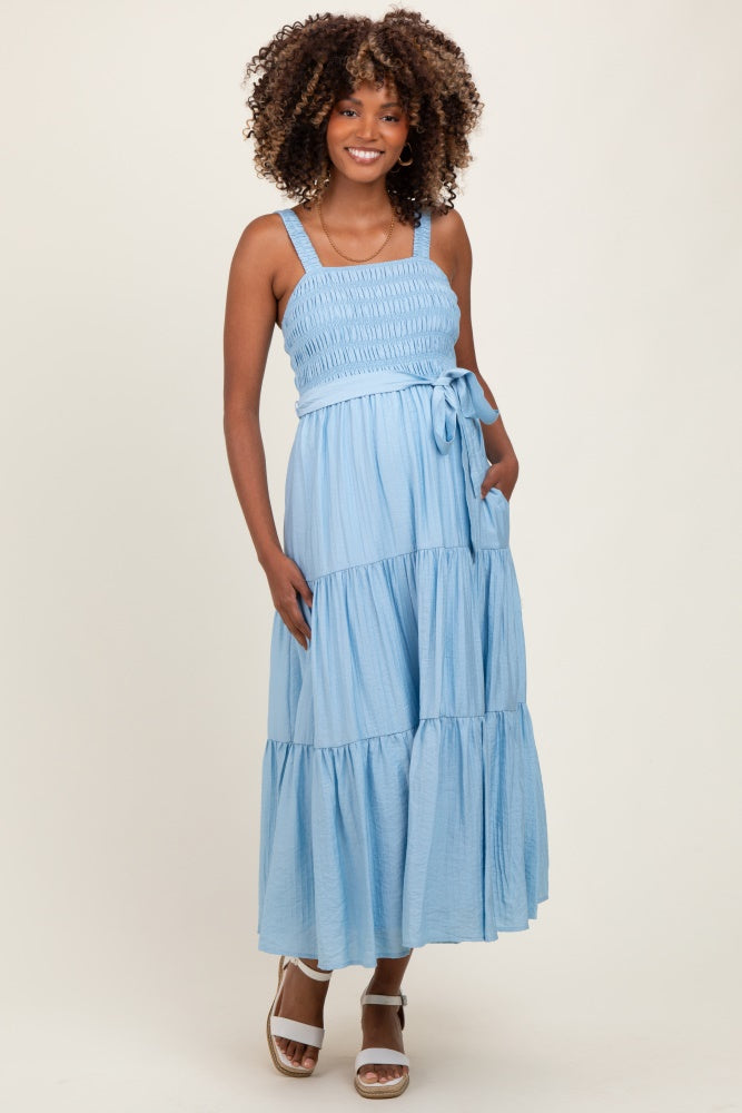 Light Blue Smocked Tiered Maternity Midi Dress